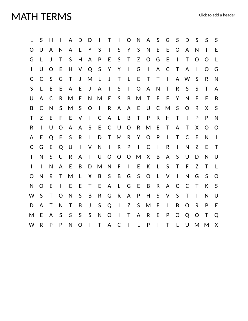 Math terms word search with vocabulary like addition, subtraction, multiplication, and geometry.