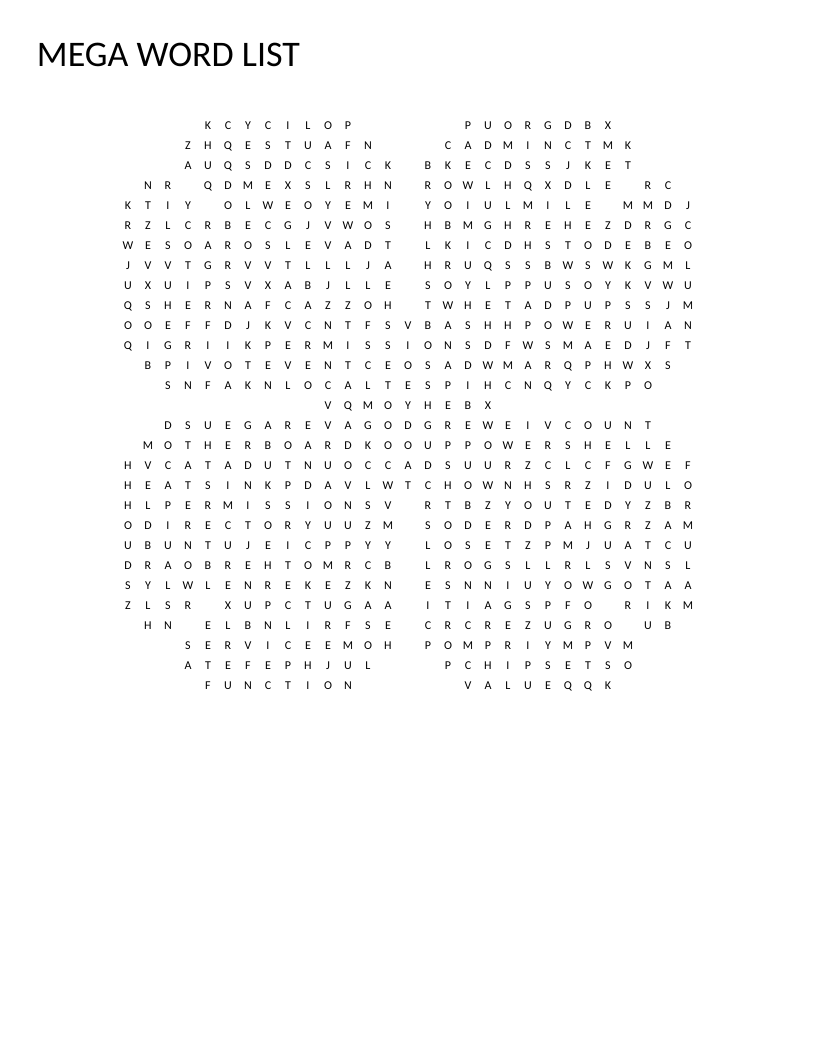 Computer science word search with clover shape, including Linux, Windows, hardware, and spreadsheet terms.