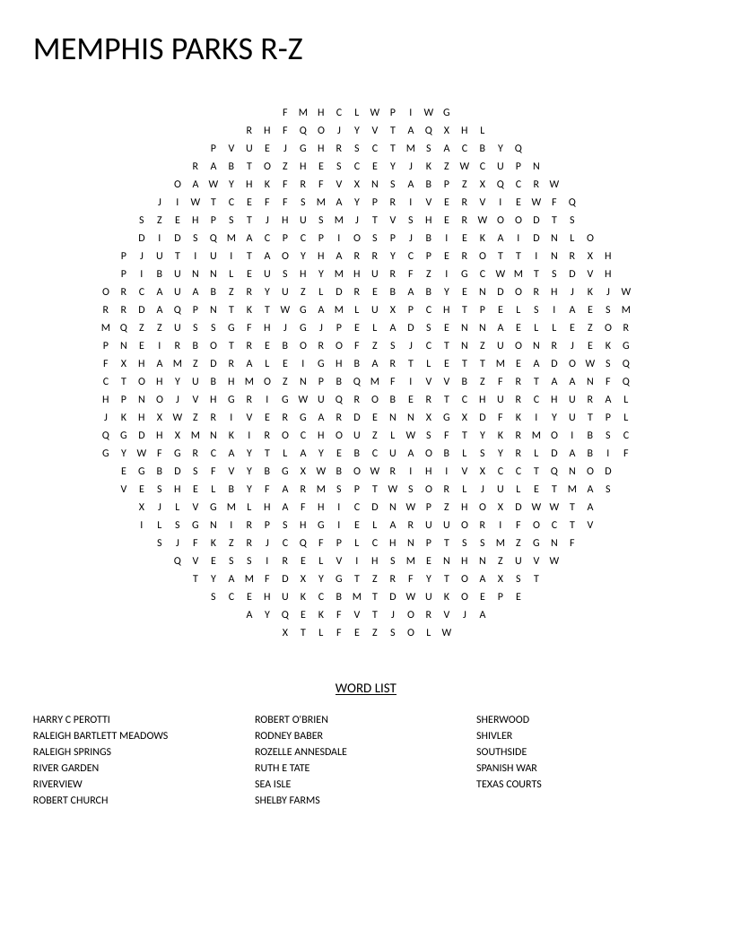 Circle-shaped Memphis parks word search with words like Shelby Farms, Riverview, and River Garden.