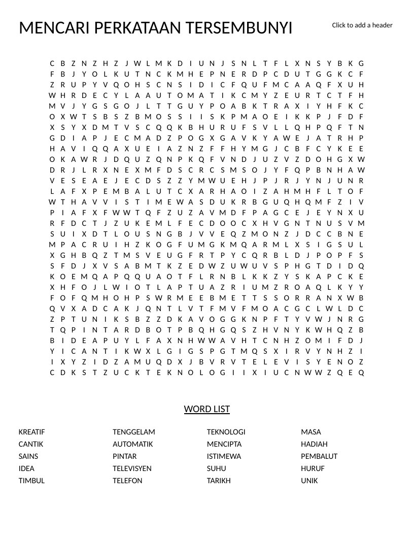 Malay word search with vocabulary words including kreatif, teknologi, and televisen.