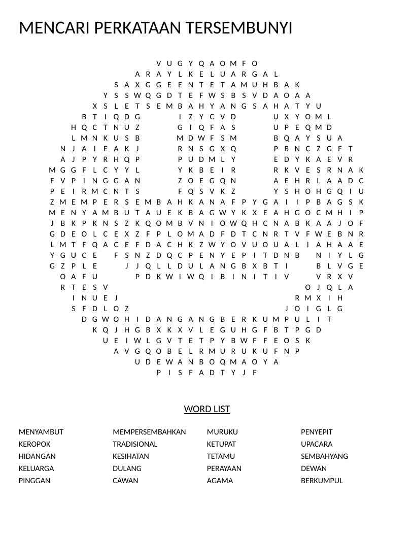 Smiley-shaped Malay word search with words like ketupat, keropok, and upacara.