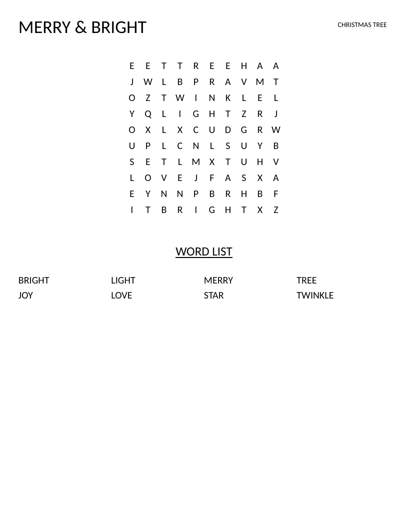 Christmas word search with festive words like tree, star, and twinkle for young children.