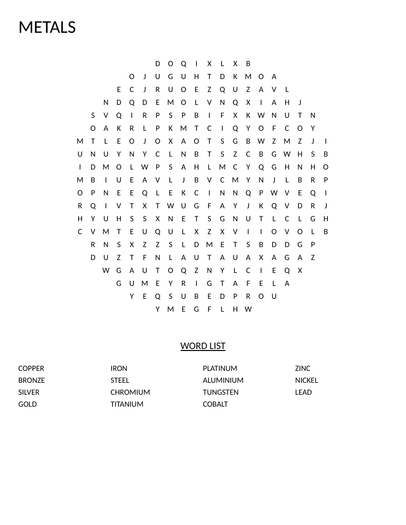 Circle-shaped metals word search with element names like copper, titanium, and platinum.