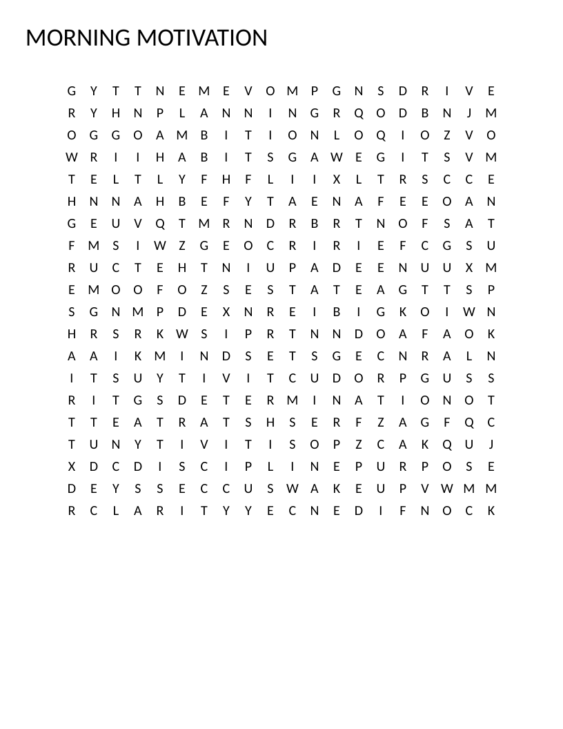 Morning Motivation word search with words like gratitude, discipline, and momentum.