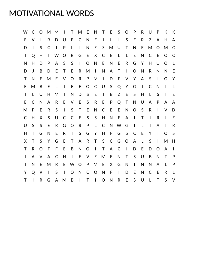 Motivational words word search with vocabulary like resilience, growth mindset, and persistence.