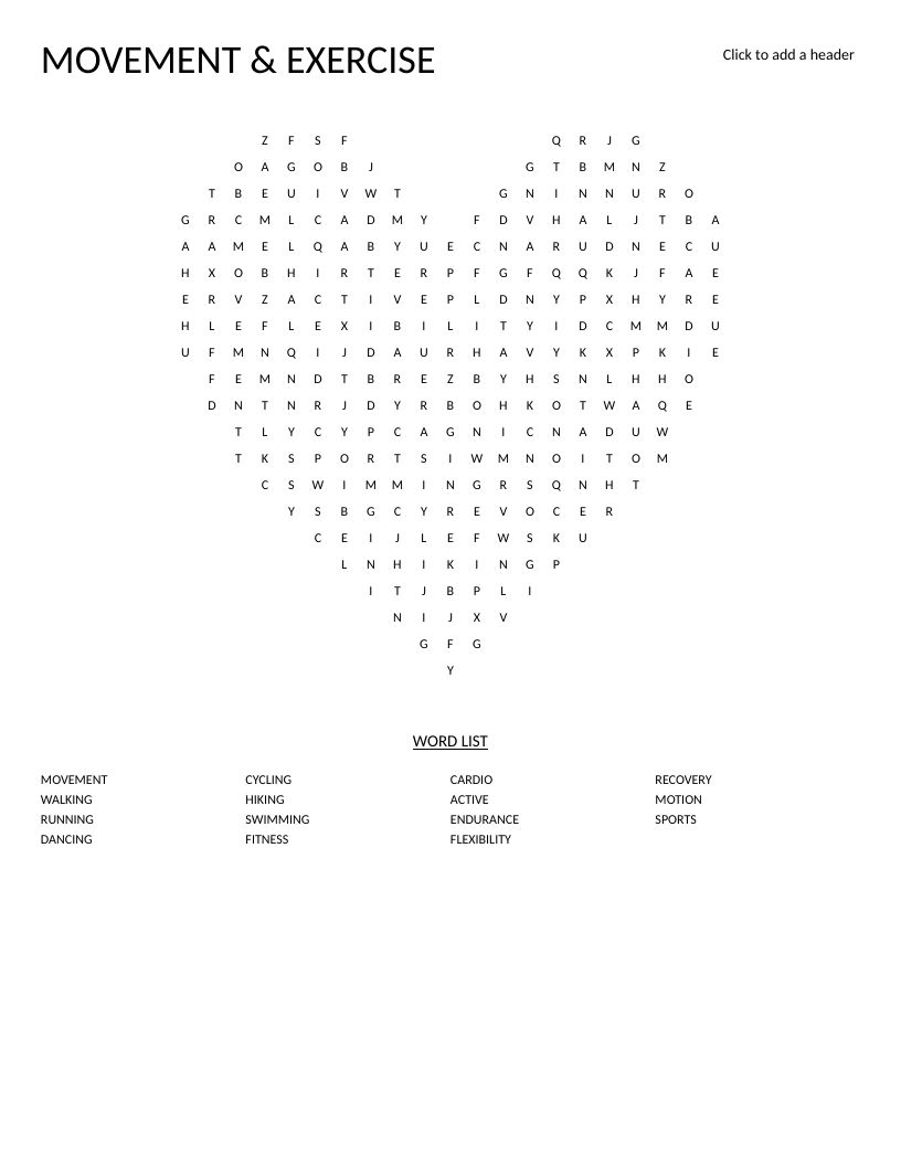 Heart-shaped movement and exercise word search with words like walking, dancing, and swimming.