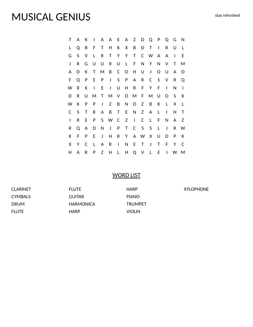 Musical instruments word search with words like piano, violin, and trumpet.