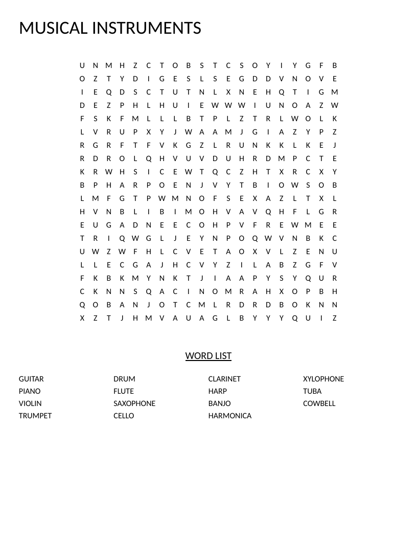 Musical instruments word search with guitar, piano, violin, and saxophone.