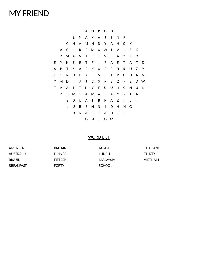 Circle-shaped ESL word search with countries like Australia and Japan, plus meals and numbers.