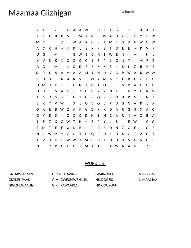 Ojibwe word search with family vocabulary including Nimaamaa, Nindoozis, and Ningookom.