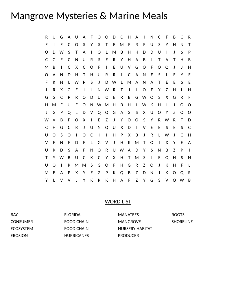 Mangrove ecosystem word search featuring mangrove, food chain, manatees, and nursery habitat.