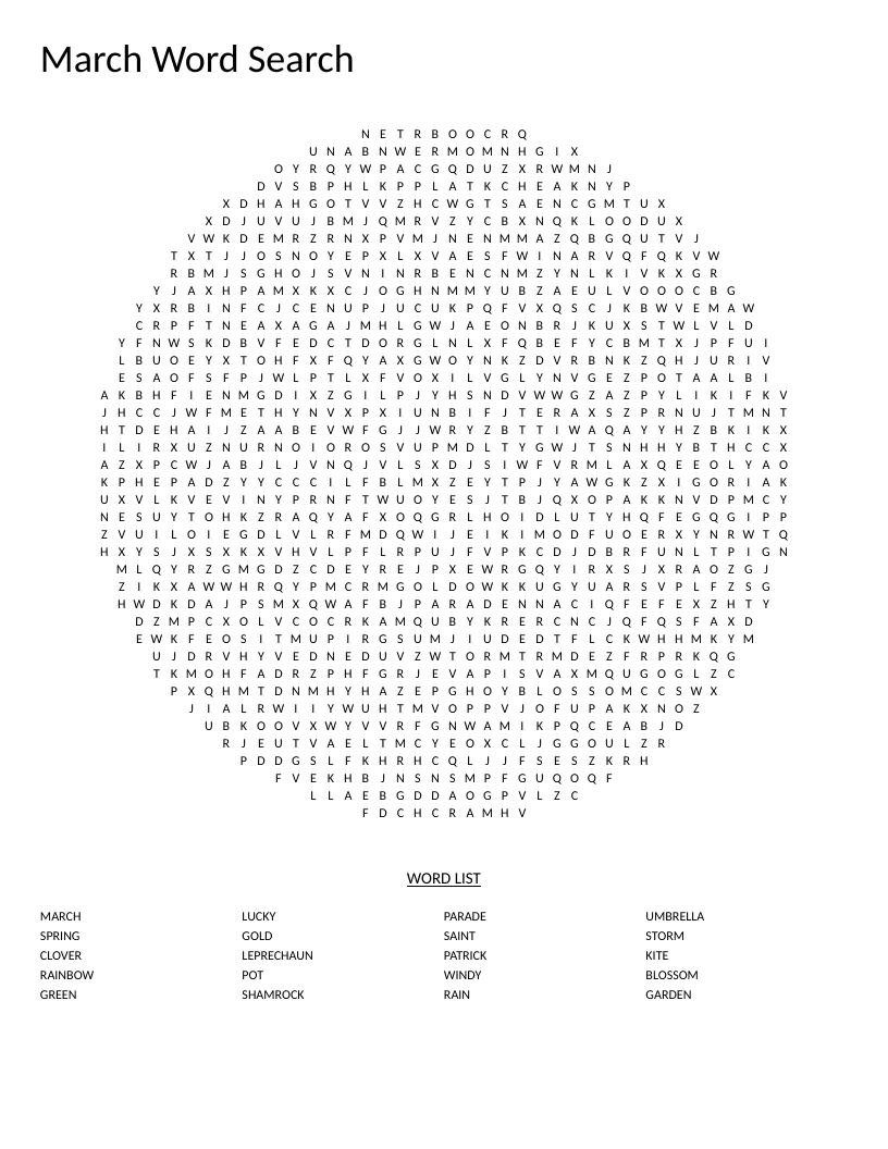 Circle-shaped March and St. Patrick's Day word search with words like leprechaun, shamrock, and rainbow.