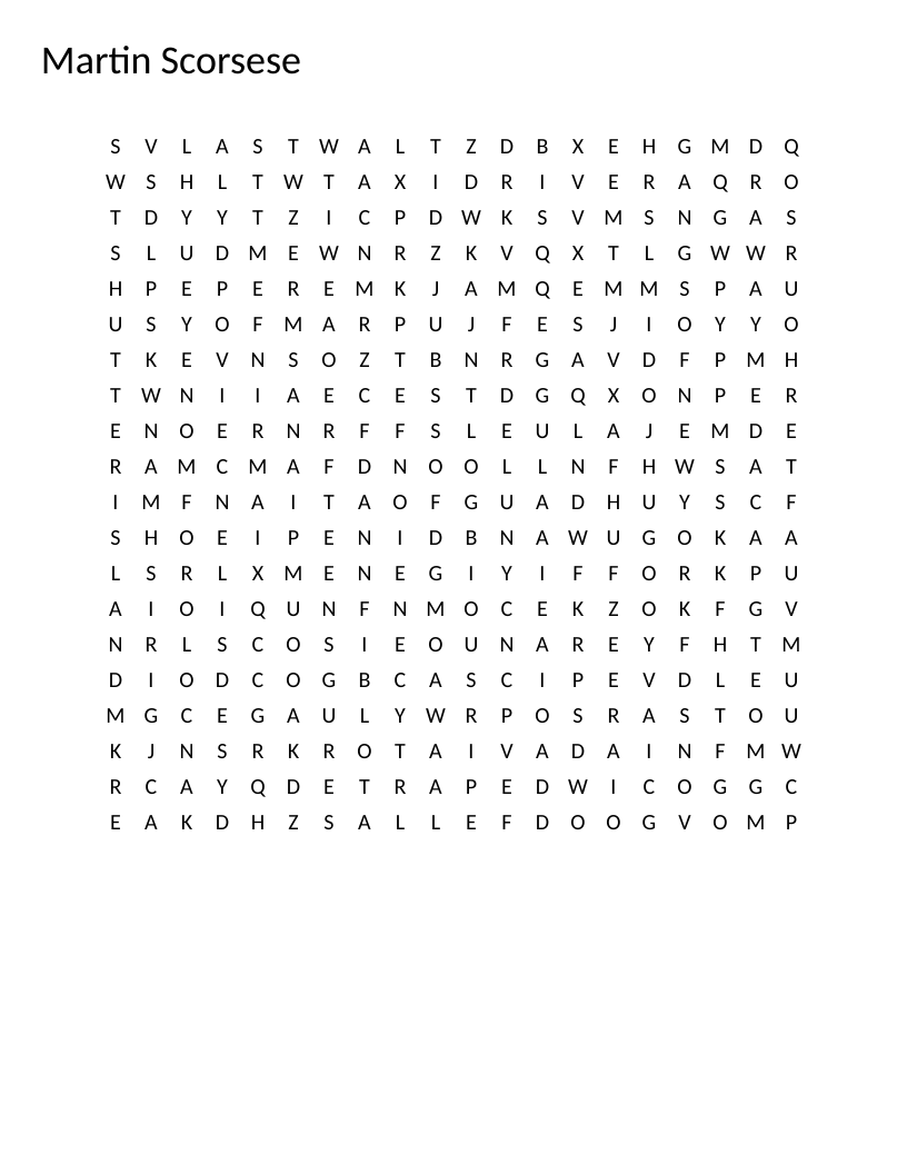 Martin Scorsese word search with film titles like Taxi Driver, Raging Bull, and Goodfellas.