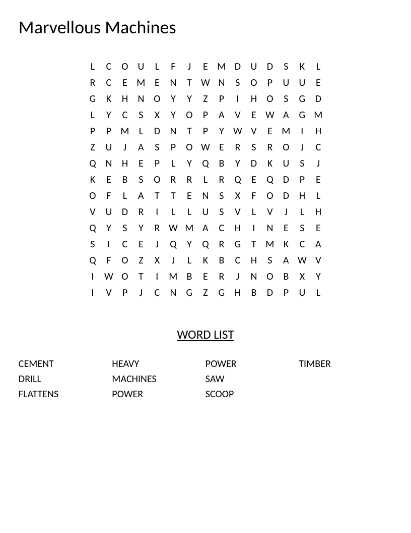 Construction machines word search with words like scoop, cement, drill, and timber.