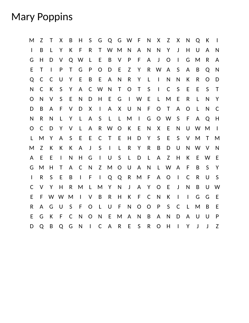 Mary Poppins word search with words like Bert, carousel, and spoonful of sugar.