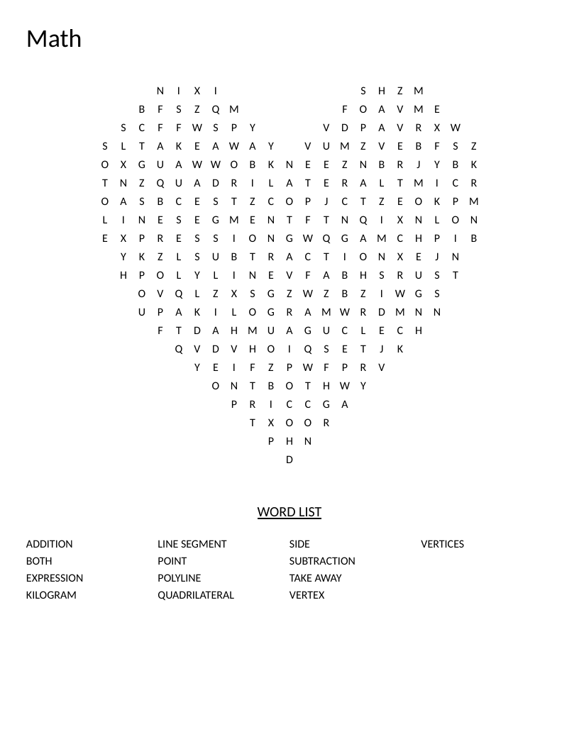Heart-shaped math word search with geometry and arithmetic vocabulary like quadrilateral and addition.