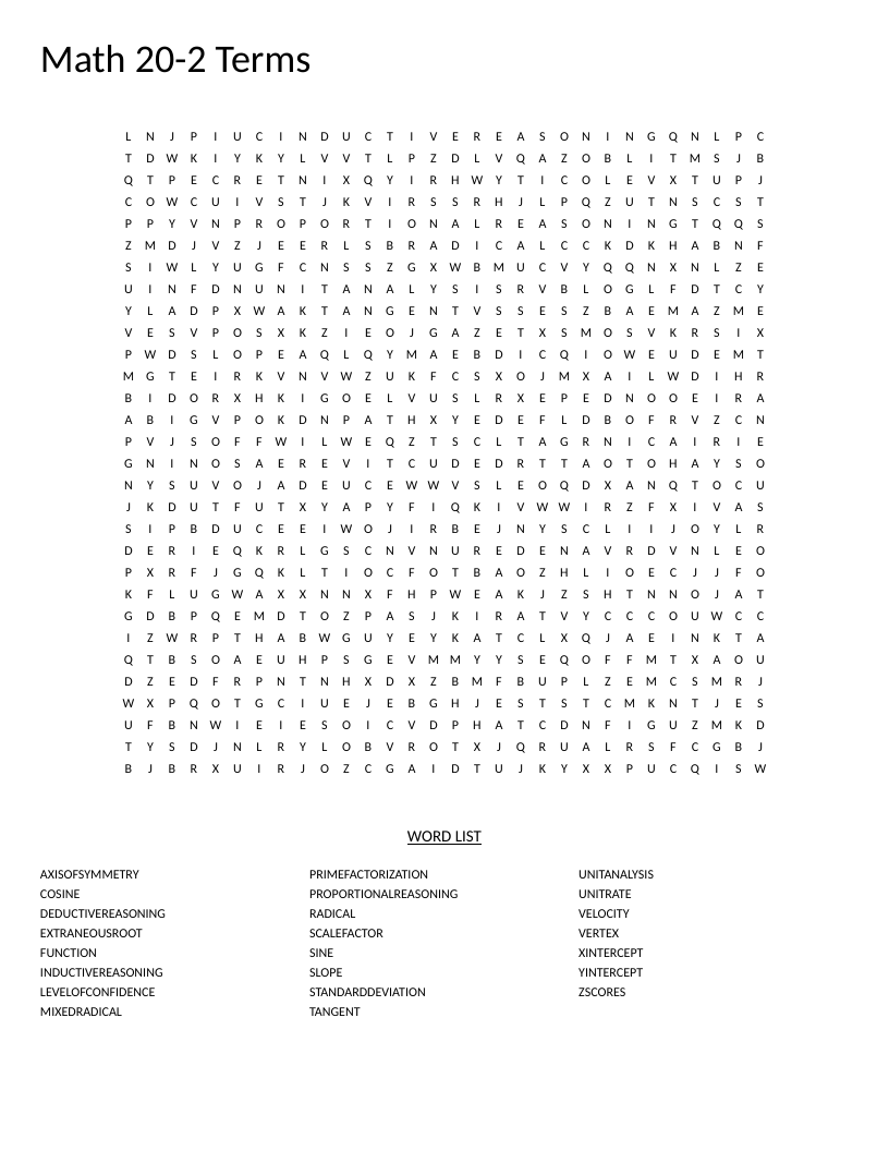 Math 20-2 word search with trigonometry and statistics terms like sine, cosine, and standard deviation.