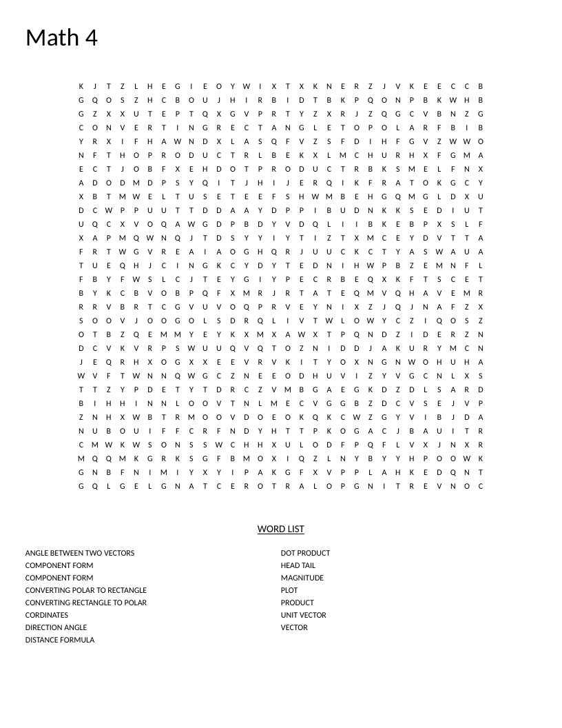 Vectors word search with precalculus terms like dot product, magnitude, and direction angle.