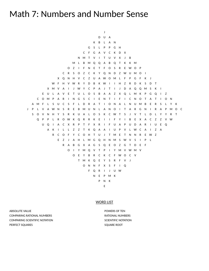 Diamond-shaped Grade 7 math word search with scientific notation, rational numbers, and perfect squares.
