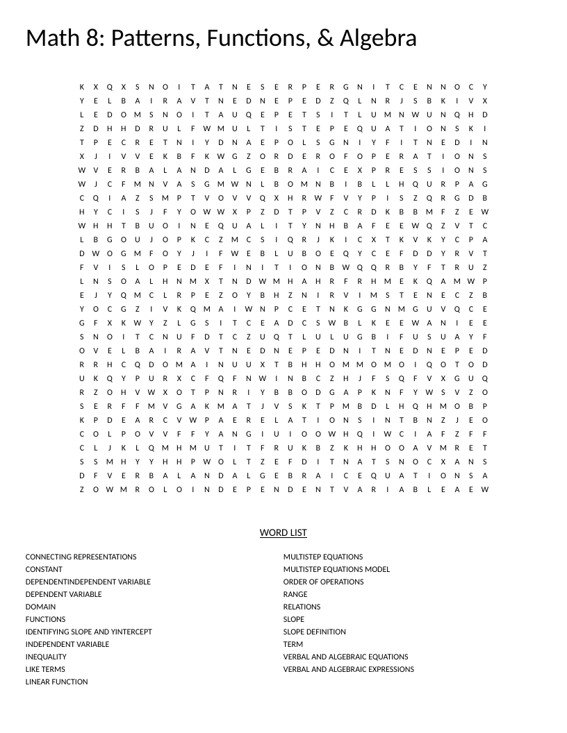 Grade 8 algebra word search with terms like slope, domain, range, and linear functions.