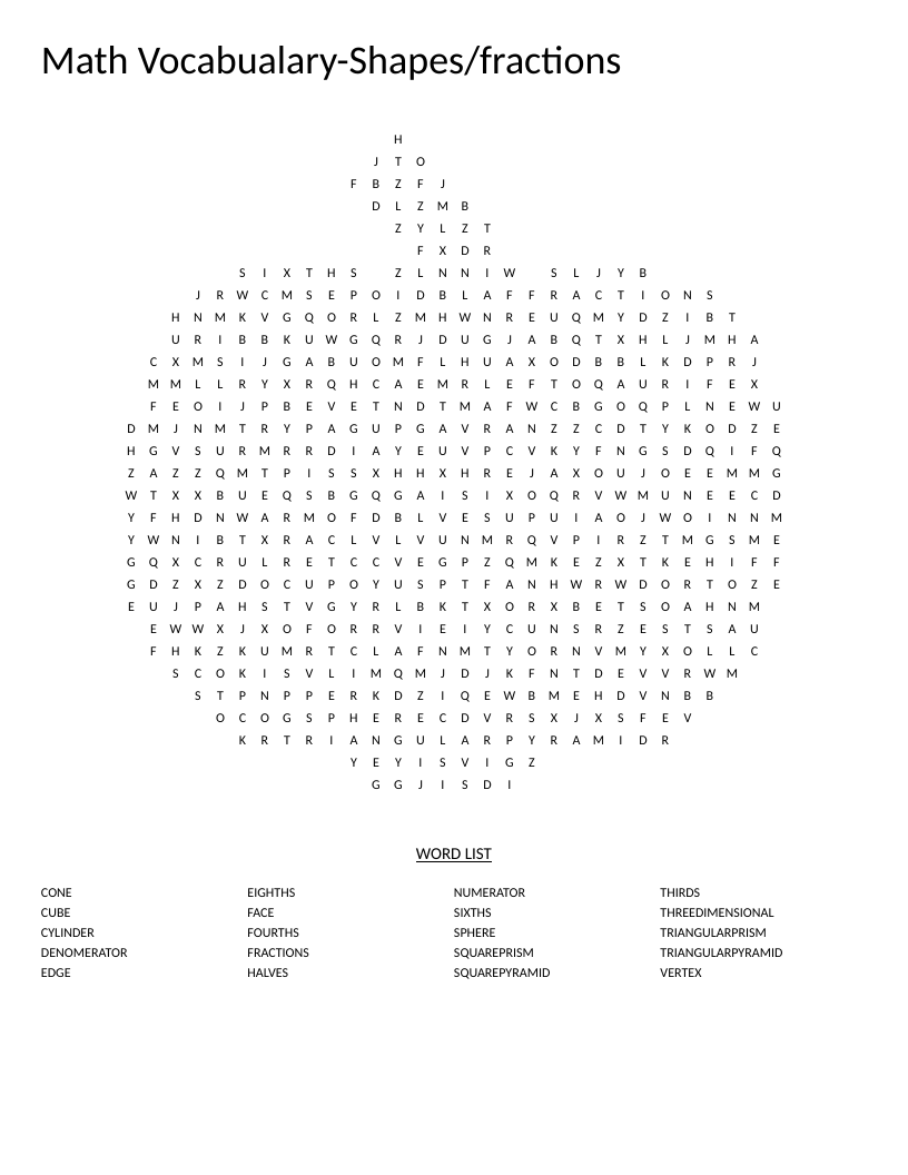 Pumpkin-shaped math word search with fraction and 3D shape vocabulary like cube and vertex.