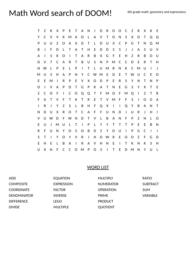 Math word search with vocabulary like numerator, denominator, quotient, and coordinate.
