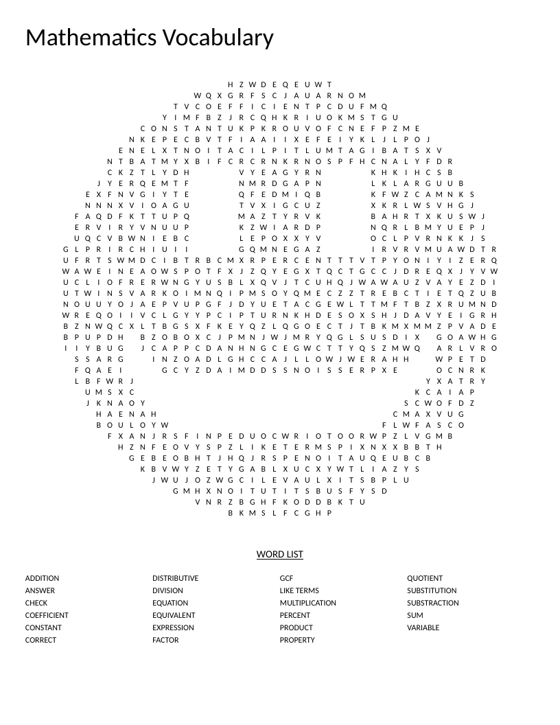 Smiley-face algebra vocabulary word search with words like variable, equation, and distributive property.