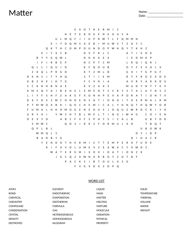 Smiley-shaped matter and chemistry word search with words like atom, molecule, and evaporation.
