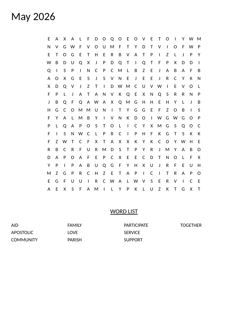 Community and service word search with words like apostolic, parish, and support.