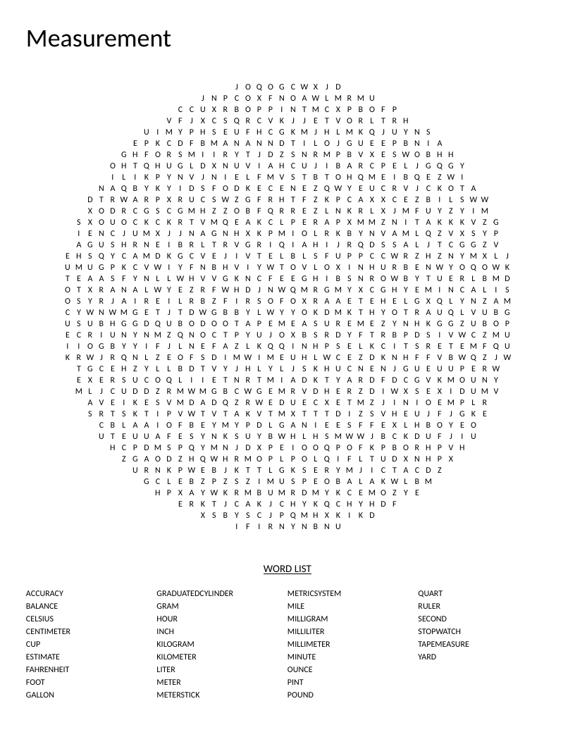 Circle-shaped measurement word search with metric and customary units like kilogram, Fahrenheit, and graduated cylinder.