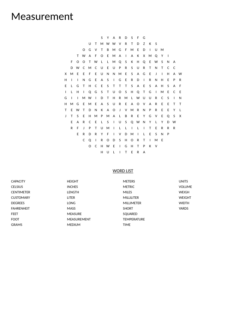 Circle-shaped measurement word search with vocabulary on metric and customary units.