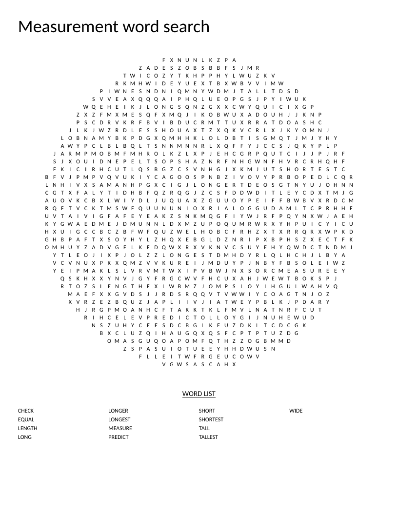 Circle-shaped measurement word search with words like tall, short, longest, and equal.