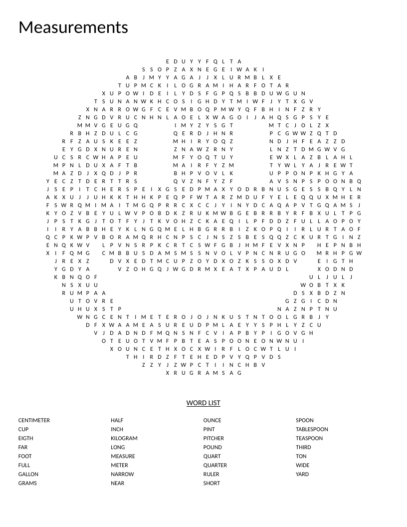 Smiley-shaped measurement word search with units like teaspoon, gallon, pound, and centimeter.