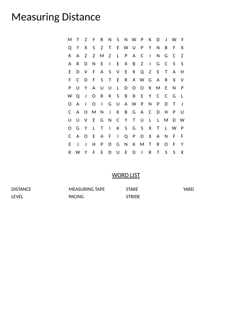 Measuring distance word search with vocabulary like measuring tape, laser rangefinder, and pacing.