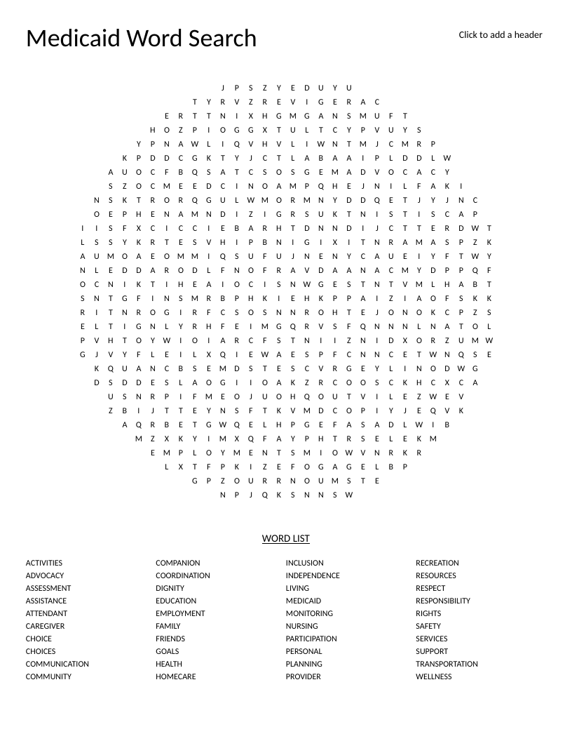 Medicaid word search in a circle with healthcare terms like caregiver, nursing, and homecare.