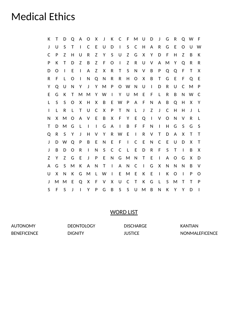 Medical ethics word search with healthcare principles like autonomy, beneficence, and deontology.