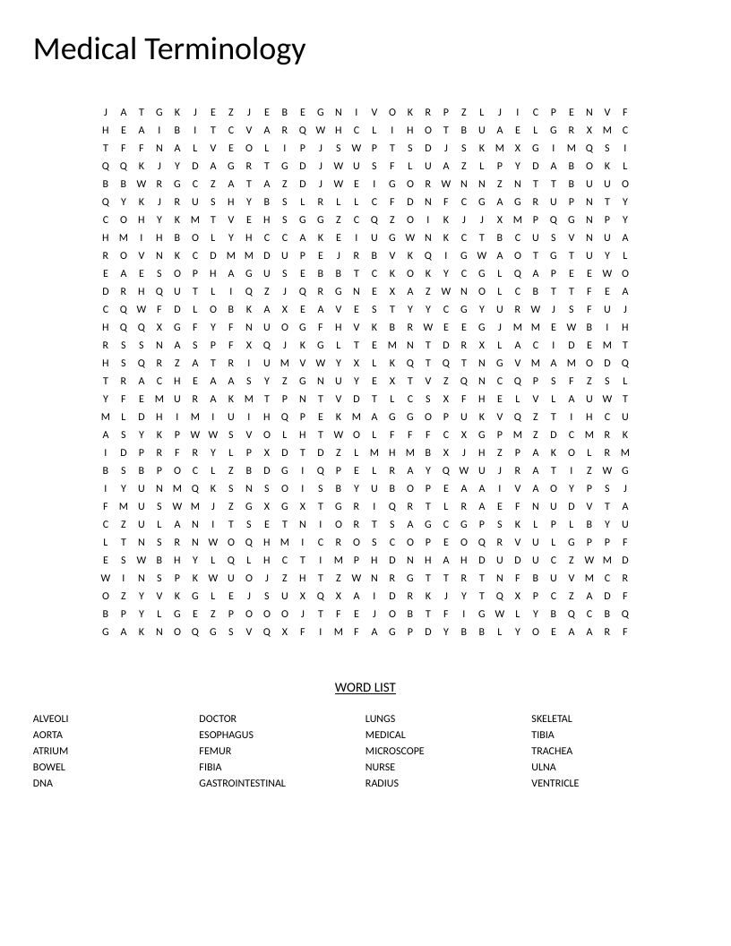 Medical terminology word search featuring anatomy terms like aorta, trachea, and ventricle.