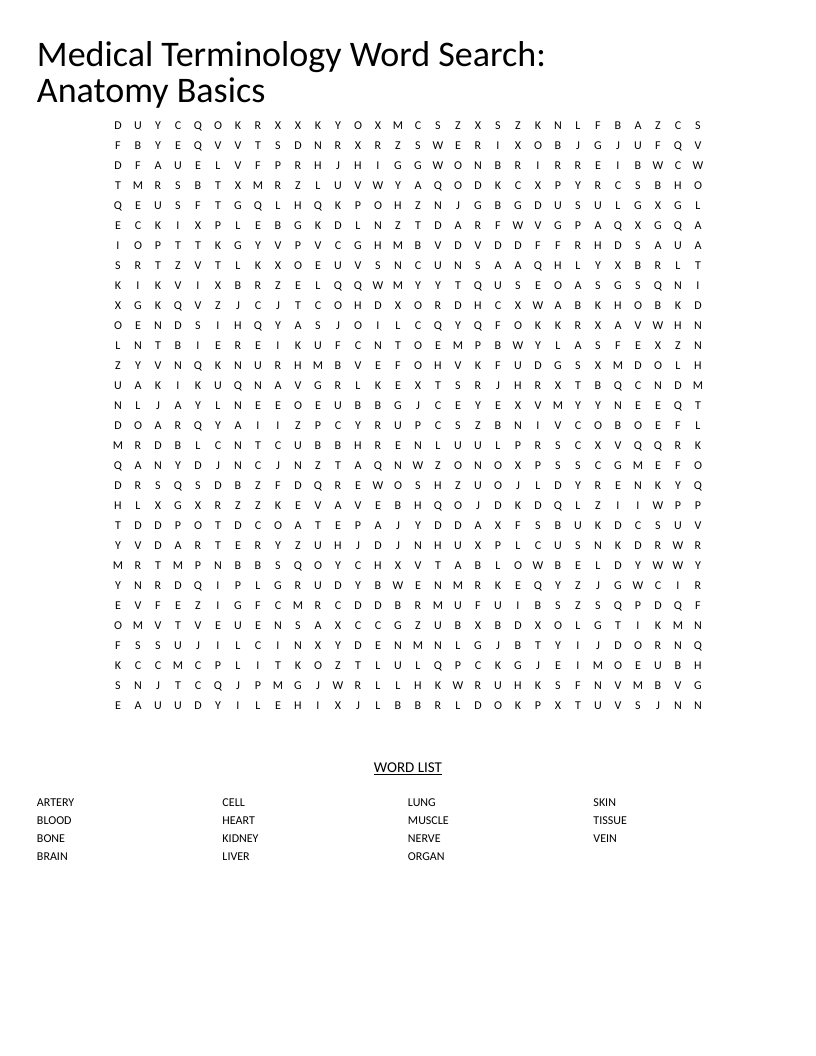 Medical terminology word search with anatomy words like heart, lung, kidney, and liver.