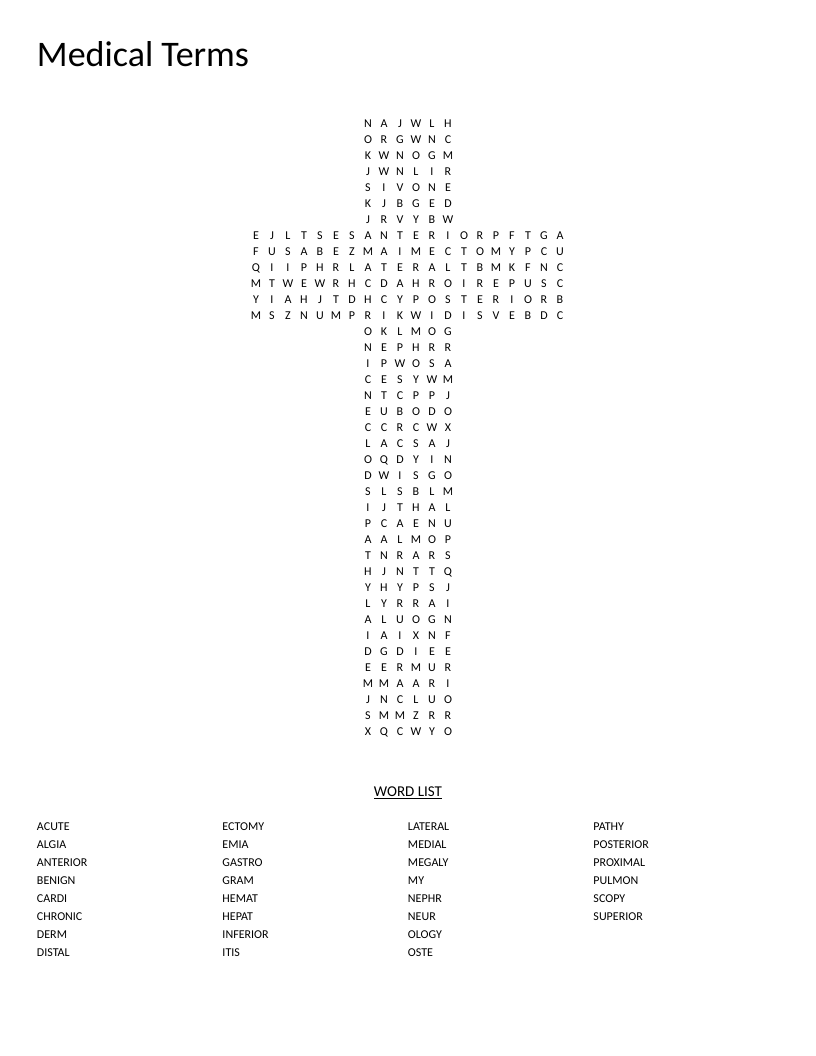 Cross-shaped medical terminology word search with anatomical prefixes and clinical terms.