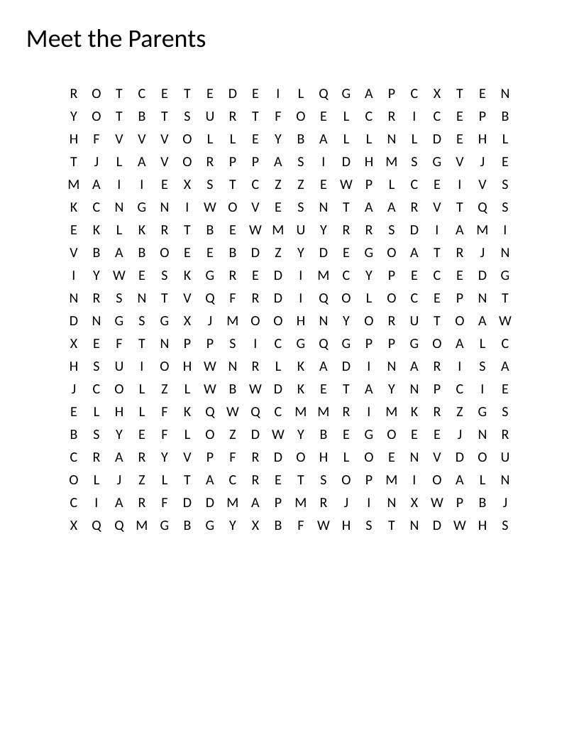 Meet the Parents movie word search with words like Gregfocker, Jackbyrnes, and Circle of Trust.