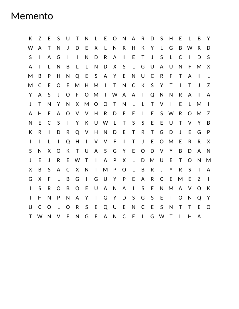 Memento word search with film references including Leonard Shelby, amnesia, and reverse timeline.