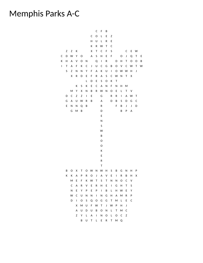 Flower-shaped Memphis parks word search with neighborhood names like Audubon and Chickassaw Gardens.