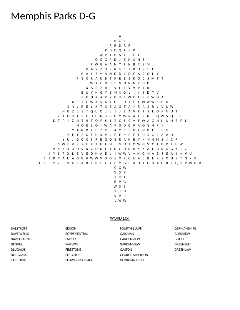 Tree-shaped Memphis parks word search with neighborhood names like Douglass, Fairley, and Gaisman.