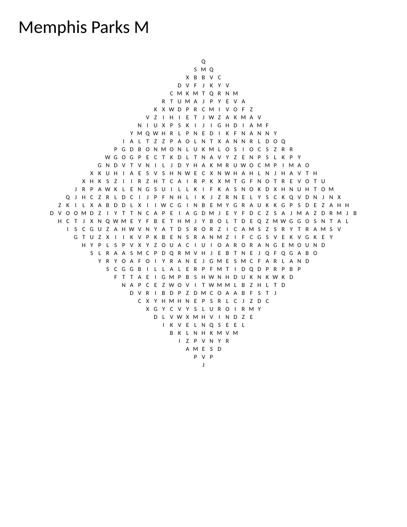 Memphis parks and neighborhoods word search in diamond shape with words like Marquette and Mud Island.