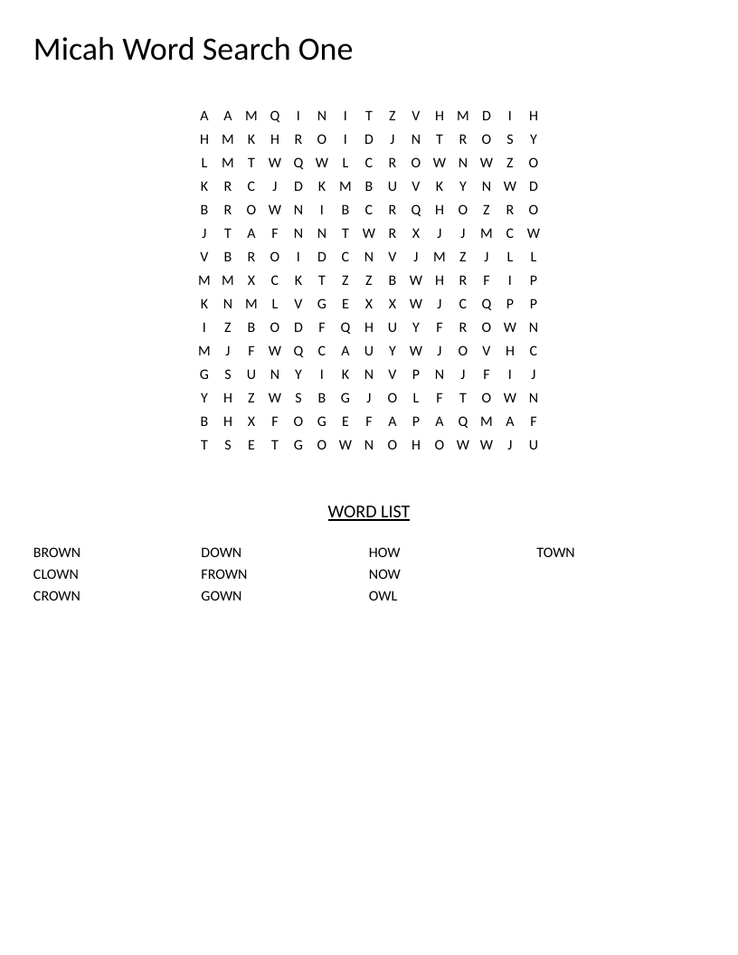 OW word family word search with rhyming words like brown, crown, and clown.