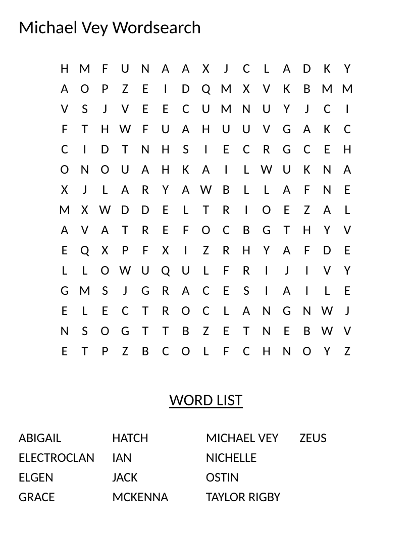 Michael Vey word search with character names including Taylor Rigby, Electroclan, and Zeus.