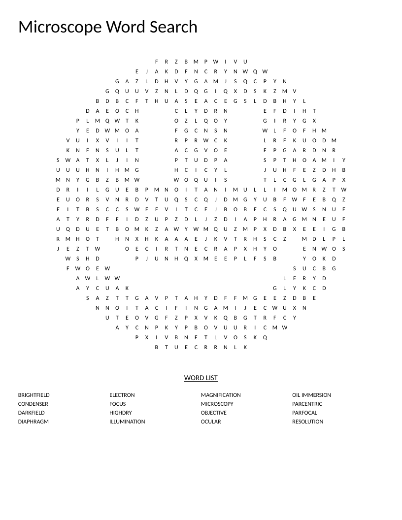 Smiley-shaped microscope word search with vocabulary including magnification, objective, and oil immersion.