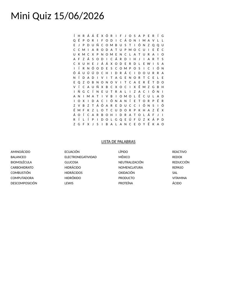 Spanish chemistry word search with terms like aminoácido, redox, and neutralización.