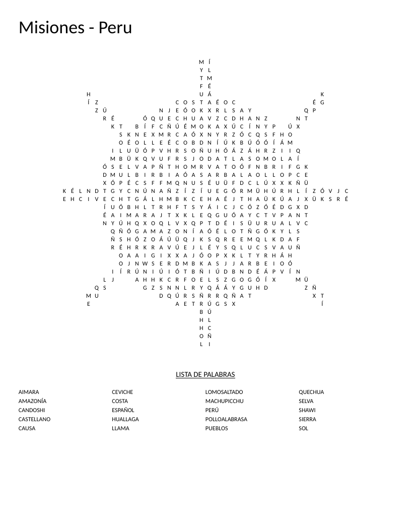 Sun-shaped Peru word search with Spanish words including Machu Picchu, ceviche, and Quechua.