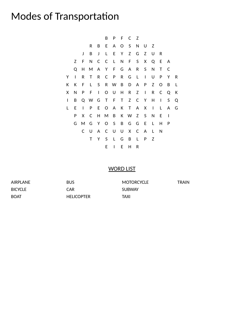 Circle-shaped transportation word search with vehicles like car, train, airplane, and bicycle.